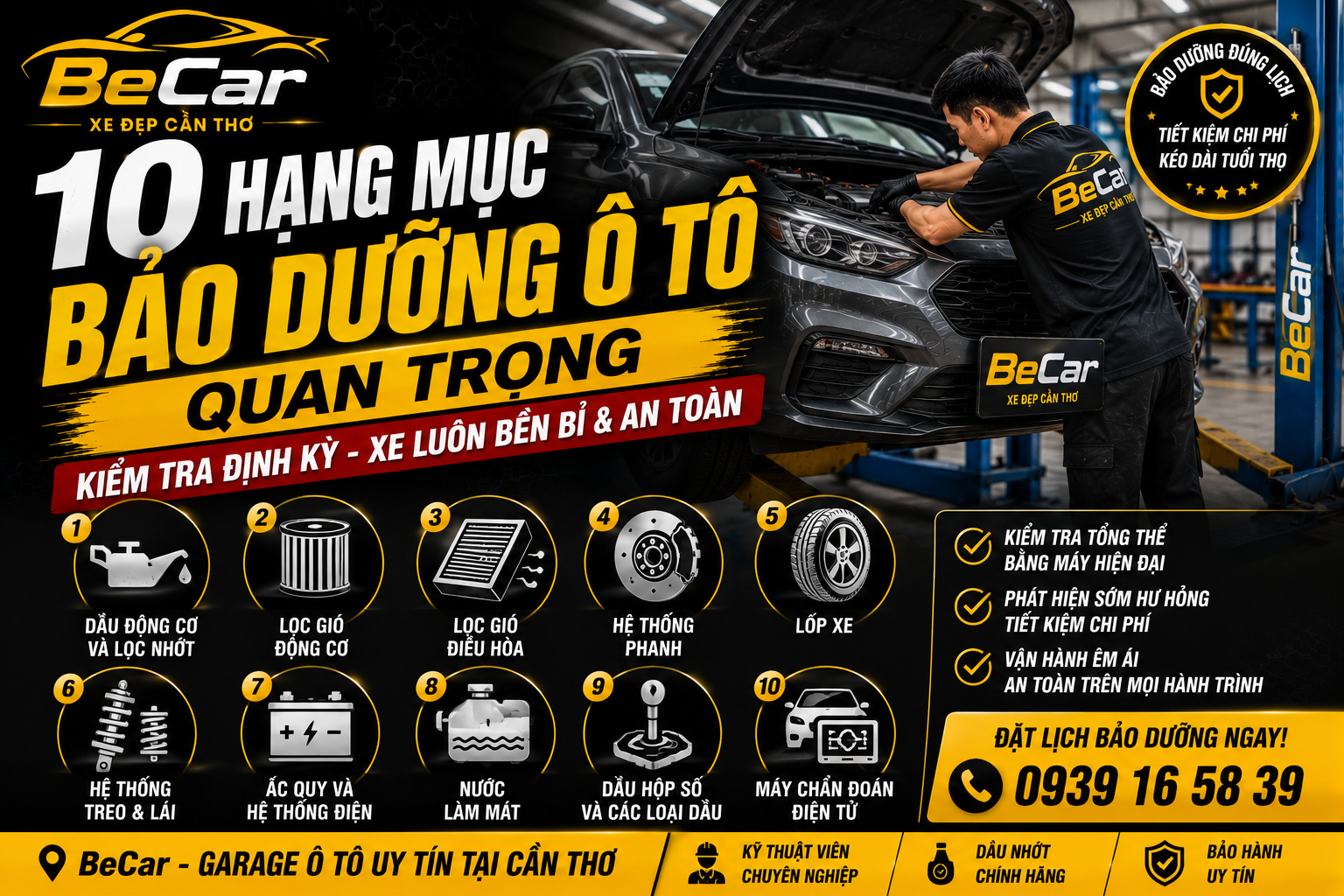 garage ô tô Cần Thơ, bảo dưỡng ô tô, bảo dưỡng định kỳ, thay nhớt ô tô, lọc gió động cơ, lọc gió điều hòa, kiểm tra phanh, kiểm tra lốp xe, hệ thống treo, nước làm mát, dầu hộp số, máy chẩn đoán ô tô, BeCar Cần Thơ.