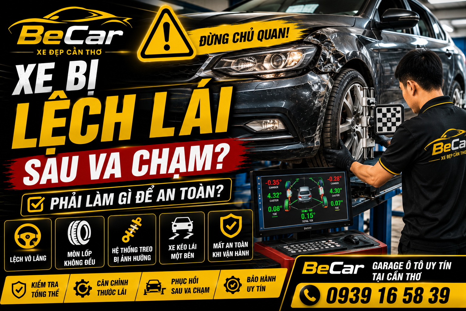 Xe bị lệch lái sau va chạm tại BeCar Cần Thơ